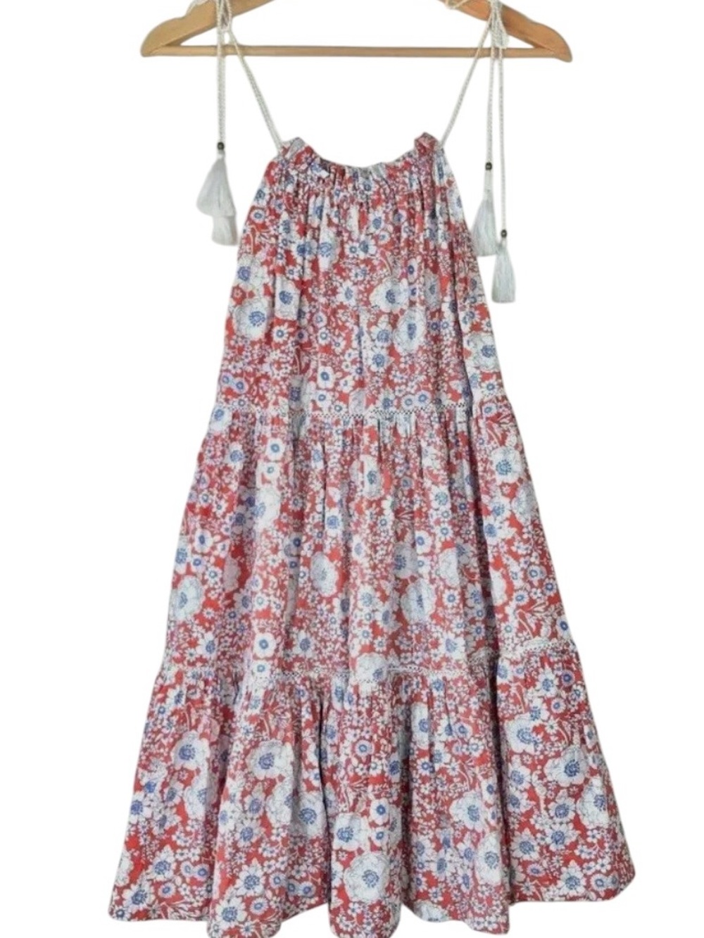 Sundays Red White Blue Floral Cotton Tiered Tassel Maxi Dress Size 1 Small Prep